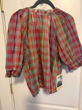 Trovata Birds of Paradis XS Multicolor Plaid Puff-Sleeve Peasant Blouse NWT